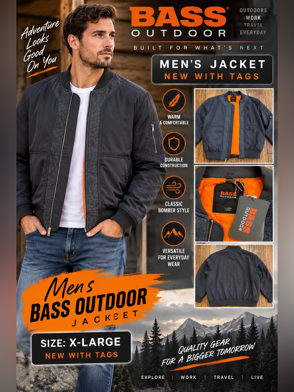 Bass Outdoor Men’s Bomber Jacket - gray with Orange Lining